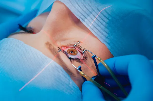 Cirurgia refrativa a laser em andamento no olho do paciente